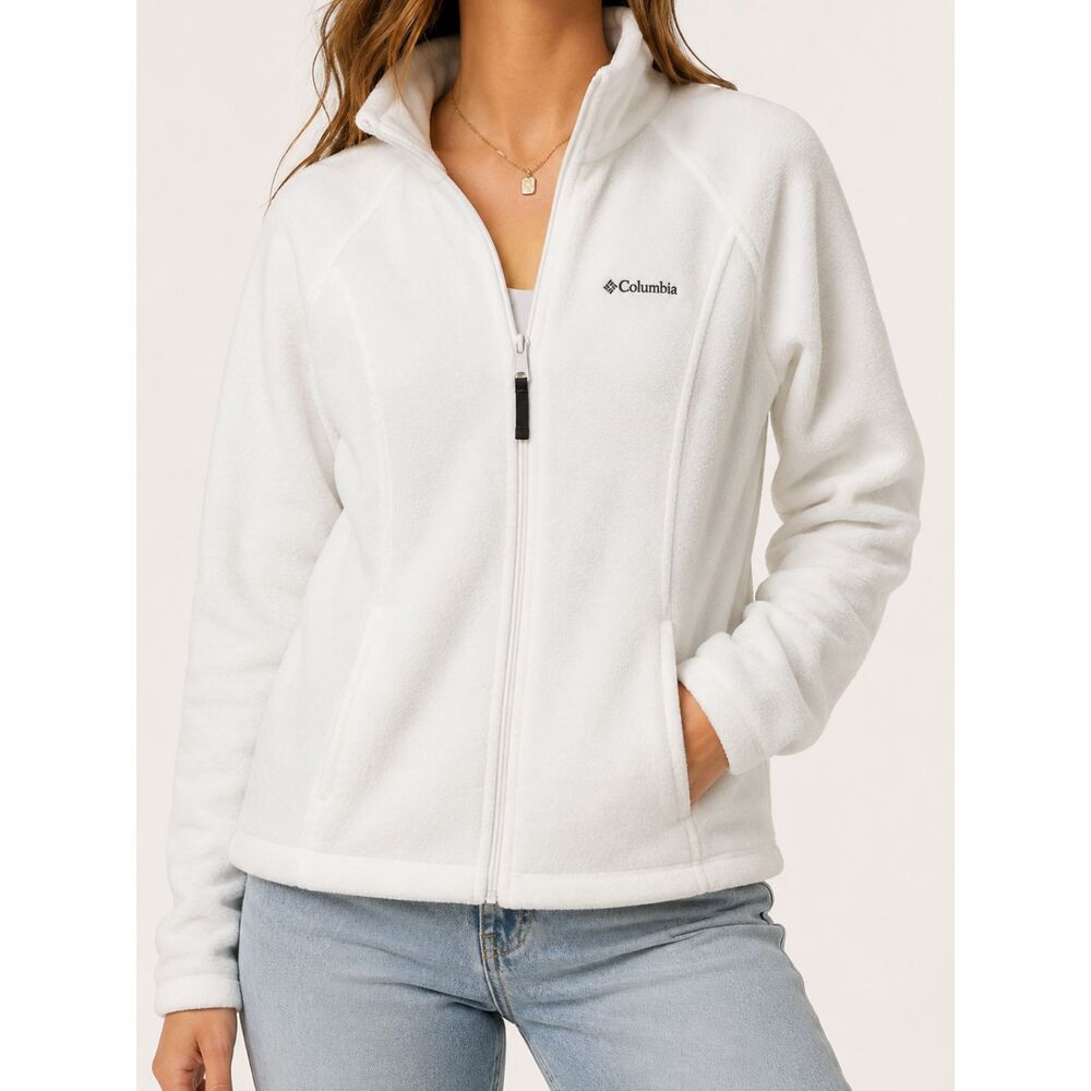 Columbia White Full Zip Fleece Jacket Women's Medium Cozy Core Outdoor